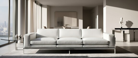 Modern white sofa in a spacious, minimalistic living room with ample natural light, creating an elegant and tranquil atmosphere.
