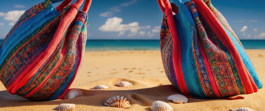 Colorful bags resting on sandy beach, surrounded by seashells, capturing essence of summer vacation and vibrant coastal lifestyle.