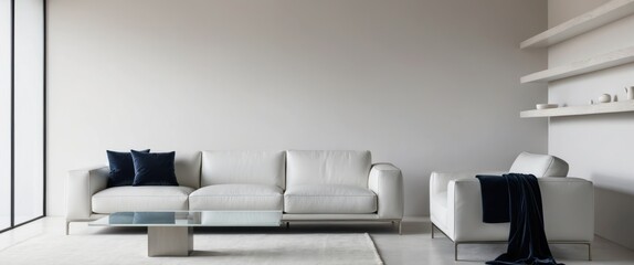 Stylish, modern living room featuring white sofa, glass table, and minimal decor, exemplifying contemporary interior design and relaxation.