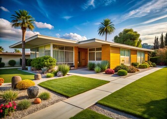 Fototapeta premium Mid-century modern exterior of iconic sitcom house with retro charm, neatly landscaped lawn, and sunny California-style
