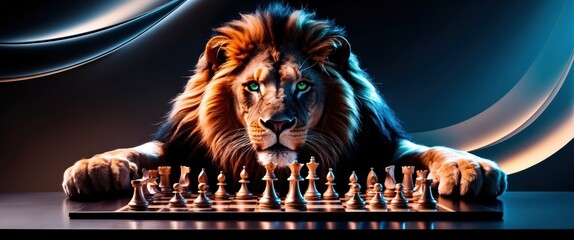 Majestic lion focused on chess game, symbolizing strength and strategy in a vibrant, modern artistic environment.