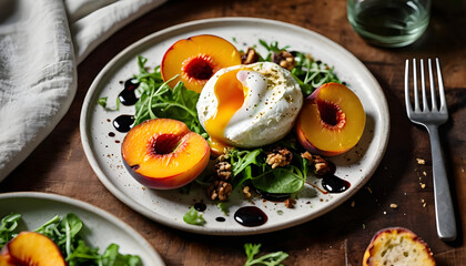 Plate of whipped ricotta with fresh roasted peaches and pitta slices served  with a poached egg oozing yolk onto a bed of vibrant leafy greens