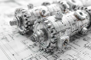 Three intricate mechanical gears lay atop a blueprint.