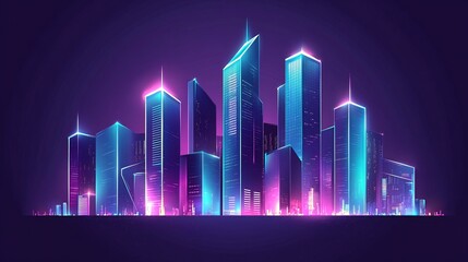 Obraz premium A futuristic cityscape with tall skyscrapers glowing with neon lights against a dark blue background.