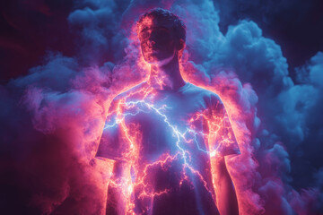 Young person standing against a colorful backdrop with vibrant lightning and clouds illuminated in dramatic lighting at night