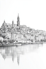 Toulon, France, black and white pen pencil hand-drawn effect portrait drawing illustration for travel poster, card, wallpaper, backdrop or banner. Modern, clear, artistic and simple