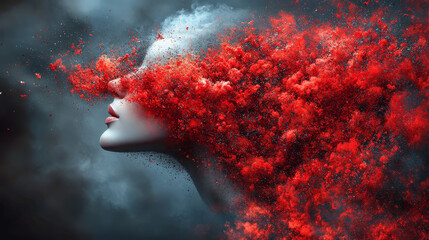 A surreal artistic representation of a woman's face blending with vibrant red powder clouds in an abstract, dreamlike setting