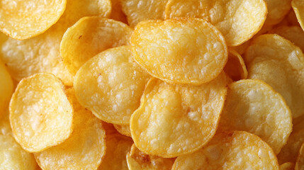 potato chips arranged in a satisfying texture, offering a close-up view of their crunchy, golden surface. Perfect for themes of indulgence and snack pleasure