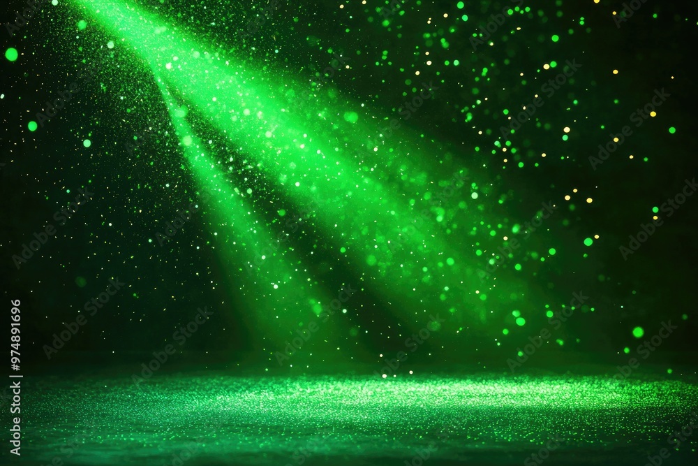 Poster bright green spotlight with glowing colorful particles cascading in a festive background raster desi