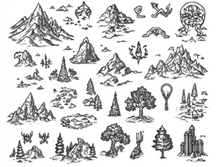 Fantasy map symbols for creating imaginative cartography line illustrations outlines 2D designs featuring mountains trees and mythical creatures