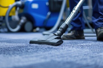 A man in a yellow shirt is cleaning a kitchen with a vacuum, generative ai image
