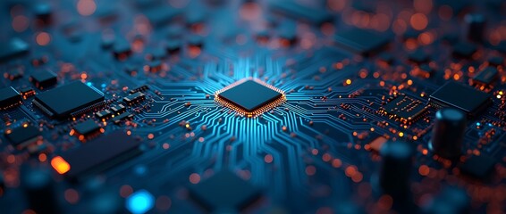 Abstract circuit board futuristic technology processing background digital computer CPU binary microchip processor futuristic computing science hardware in laptop motherboard integration
