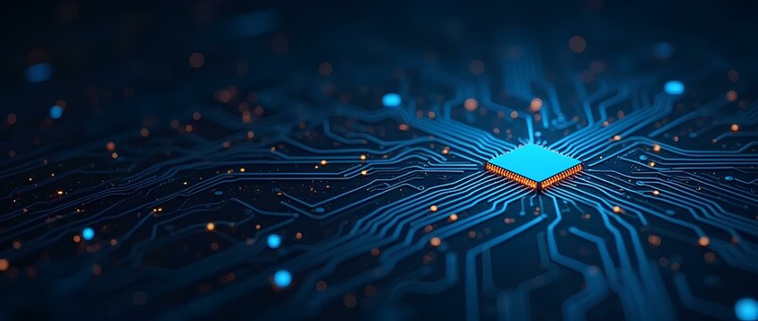 Abstract circuit board futuristic technology processing background digital computer CPU binary microchip processor futuristic computing science hardware in laptop motherboard virtual integration