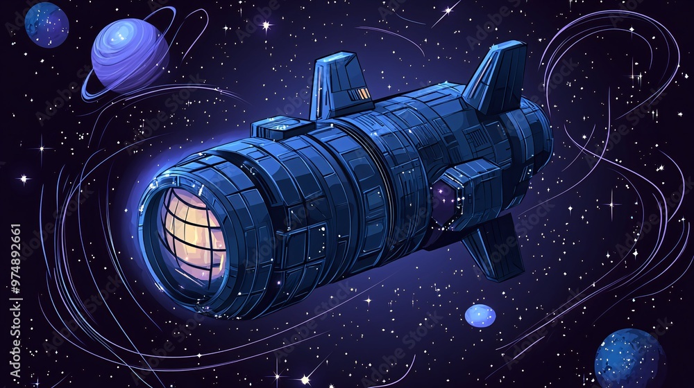 Poster a futuristic blue spaceship with a large window and glowing lights, flying through space with stars 