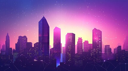 Fototapeta premium A futuristic city skyline at dusk with a vibrant purple and pink sky. The city is lit up with lights, and there are stars in the background.