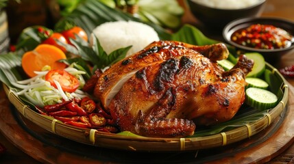 Delicious Grilled Chicken with Rice, Cucumber, and Chili Peppers