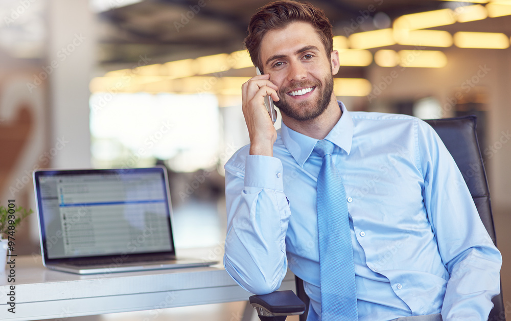 Aufkleber Office, business and man with smile in phone call for communication and networking on portrait as lawyer. Male person, employee and happy or satisfied on conversation or consultation as legal advisor
