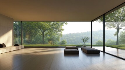 Fototapeta premium Minimalist modern home with floor-to-ceiling windows overlooking nature