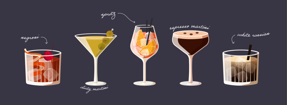 Banner with modern cocktails. Set of classical alcohol drinks isolated on dark background. Vector illustration