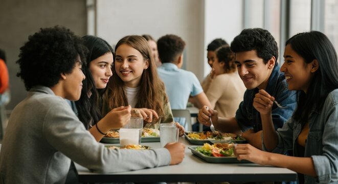 Diverse group of friends laughing and enjoying lunch together
