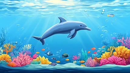 Obraz premium A dolphin swims through a vibrant coral reef, surrounded by colorful fish and plants in the ocean.