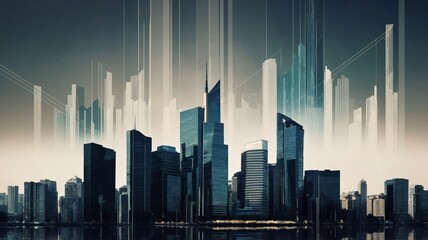 Futuristic City Skyline with Modern High-Rise Buildings Under Dramatic Sky