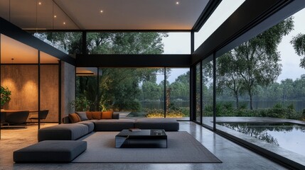Fototapeta premium Minimalist modern home with floor-to-ceiling windows overlooking nature