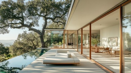Fototapeta premium Minimalist modern home with floor-to-ceiling windows overlooking nature