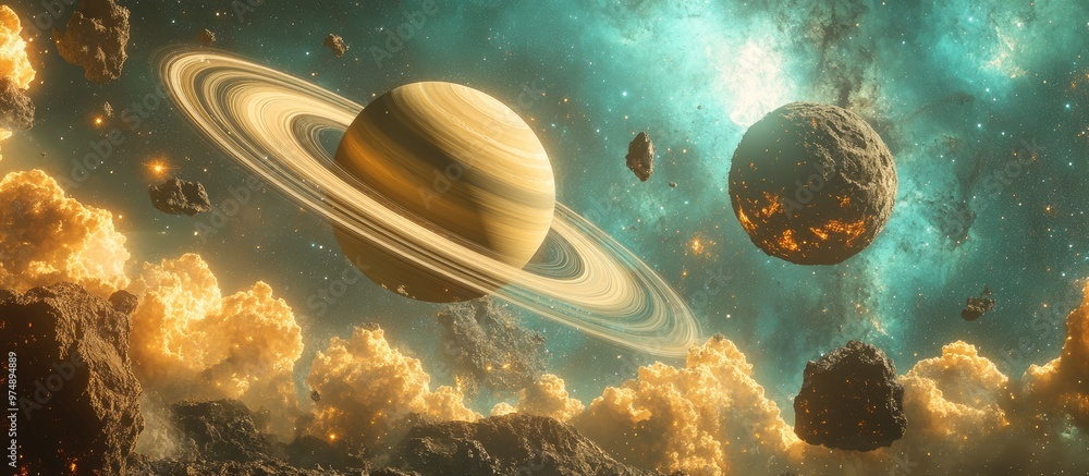 Poster surreal 3d rendering of saturn and its moon titan within the solar system featuring clouds stars the
