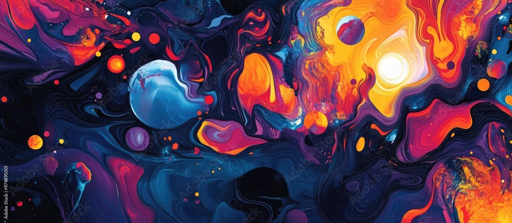 Poster Vibrant abstract background featuring a dynamic mix of colors and chaotic elements A psychedelic and surreal visual art piece