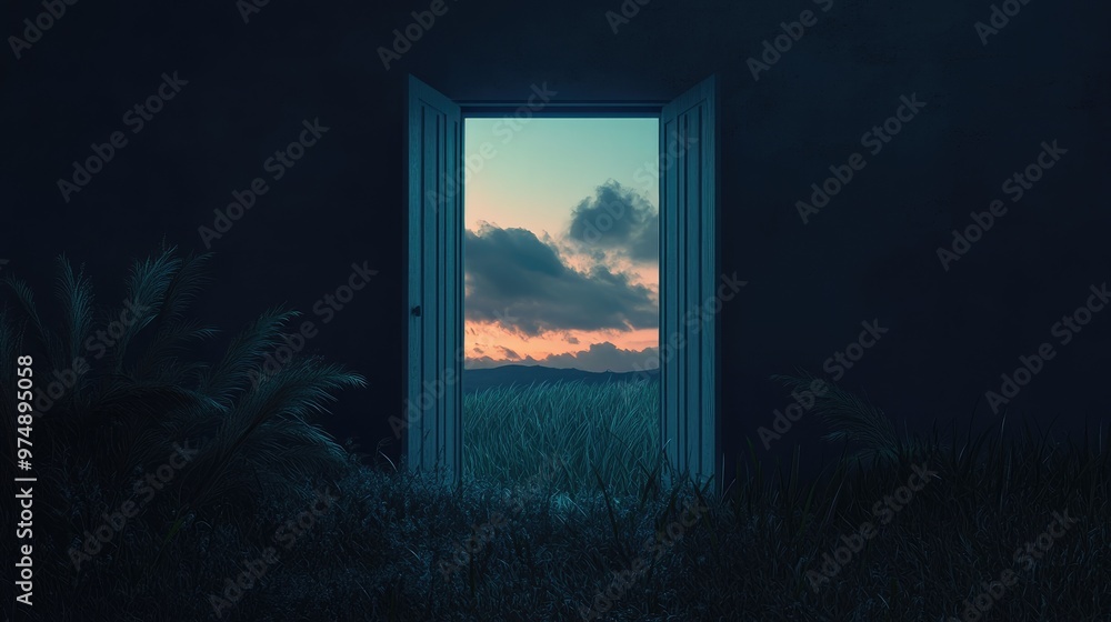 Poster surreal abstract illustration of an open window allowing daylight into a nighttime landscape featuri