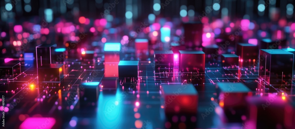 Poster 3d rendering of abstract neon lit cubes on a dark background visualization of ai big data or blockch