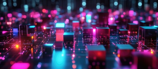 3D rendering of abstract neon lit cubes on a dark background Visualization of AI big data or blockchain technology with a network of flashing multicolor lights resembling a vibrant cityscape