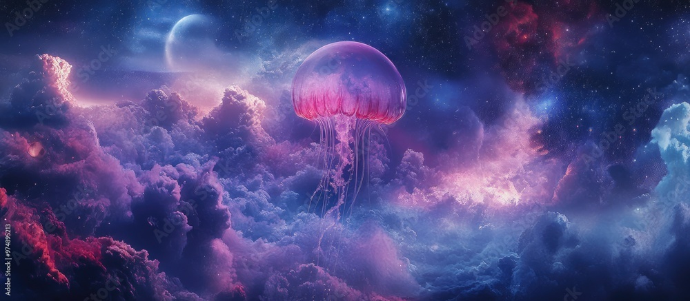 Poster surreal digital artwork featuring a jellyfish floating in a cosmic landscape set against an abstract