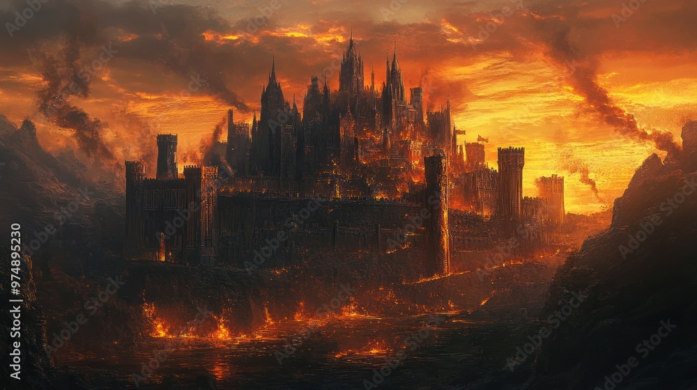 Poster A burning city surrounded by mountains with a fiery sky.