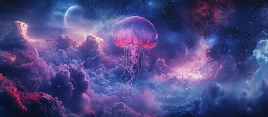 Fototapeta premium Surreal digital artwork featuring a jellyfish floating in a cosmic landscape set against an abstract background of clouds stars and the vastness of space for phone screens