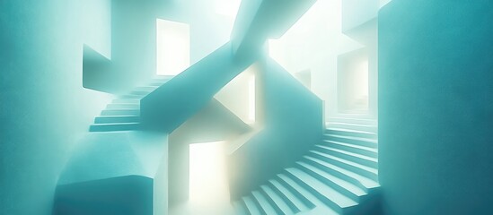 Ethereal 3D illustration of a surreal stair maze depicting concepts of backrooms lucid dreams impossible architecture or a liminal space