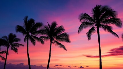 Silhouette of palm trees against a stunning Hawaiian sunset