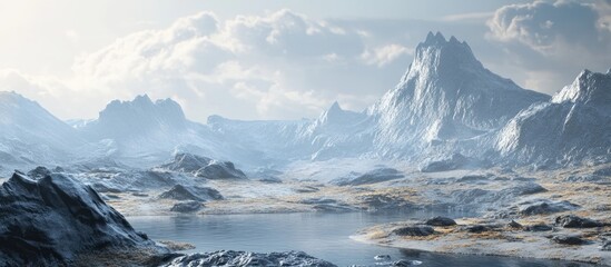 3D rendering of a fantasy landscape featuring metallic rock formations