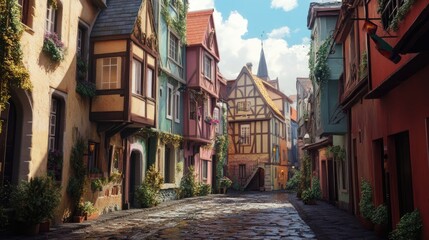 Fototapeta premium Old European street with colorful buildings and cobblestone roads 