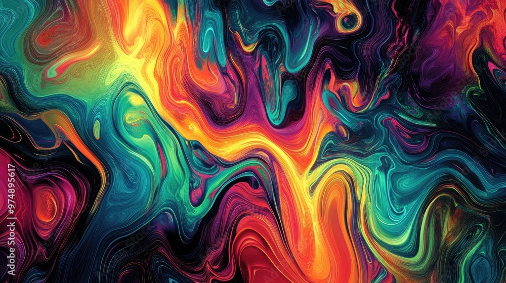 Poster psychedelic abstract background featuring an organic design with vibrant flowing lines