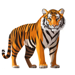 Fototapeta premium A majestic tiger stands confidently, showcasing its vibrant orange fur and striking black stripes, symbolizing strength and beauty.