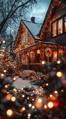 A house adorned with Christmas lights and festive decorations, celebrating the holiday season.......