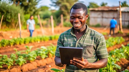 Young African Male Farmer Working on Healthy Agriculture Development Strategy on His Digital Tablet