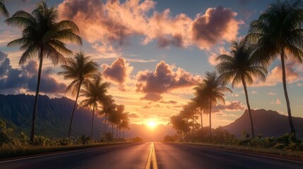 Sunrise over a Hawaiian road with palm trees lining the way