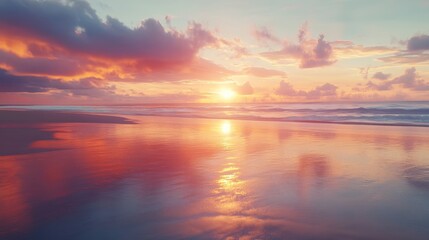 Sunset on a Hawaiian beach with the sky reflecting in the wet sand