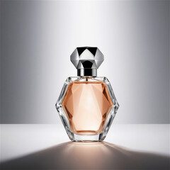 Luxury Diamond-Shaped Perfume Bottle with Amber Liquid on Minimalist Gray Background
