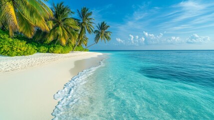 Fototapeta premium Picturesque Tropical Beach in the Maldives with Crystal Clear Waters, Palm Trees, and Azure Blue Skies. The Scene Captures Serene Beauty with Gentle Waves Caressing Sandy Beaches Under Warm Sunlight,