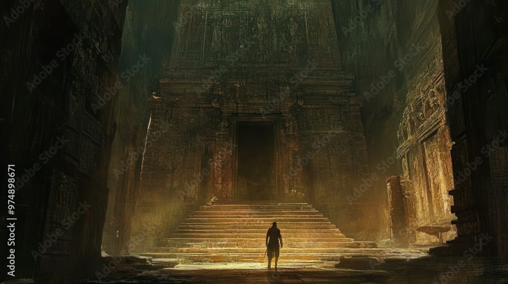 Poster A lone figure stands before a grand stone temple entrance