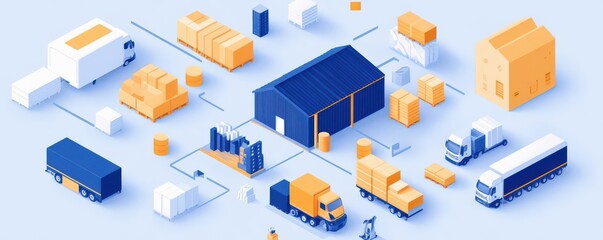 Fototapeta premium A crosssectional illustration of a warehouse, showing the internal process of receiving, storing, and shipping goods